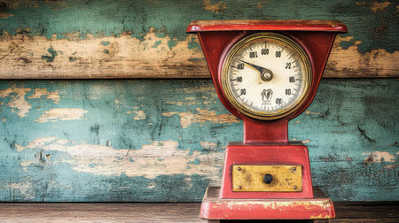 A charming vintage red kitchen scale stands against a weathered wooden backdrop, exuding nostalgia. This image captures retro design, perfect for adding rustic elegance to various projects.の素材