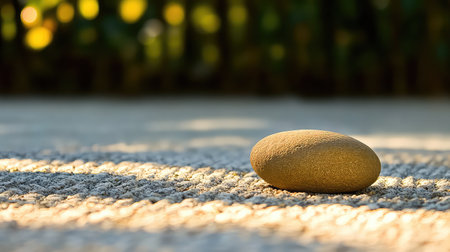 A smooth brown stone rests on a textured surface, illuminated by soft natural light. The blurred background adds depth, creating a serene atmosphere.の素材