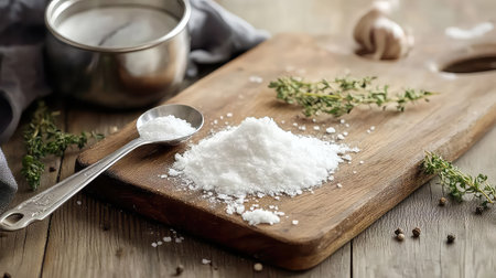 A beautiful wooden cutting board displays fine sea salt surrounded by fresh thyme and garlic, perfect for culinary inspiration in home cooking.の素材