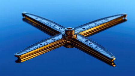 A stunning image showcasing a precision measuring tool, reflecting beautifully on a calm water surface, set against a vibrant blue background.の素材