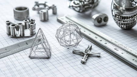 This image showcases intricate silver geometric shapes and drafting tools on a grid-patterned surface, emphasizing precision and creativity in design projects.の素材