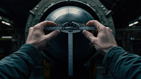 A skilled technician measures the diameter of a vinyl record using a caliper in an industrial workshop, showcasing precision and attention to detail.の素材