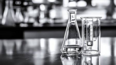 This black and white image showcases laboratory glassware, including a beaker and flask filled with liquid, set on a table. Ideal for scientific themes.の素材