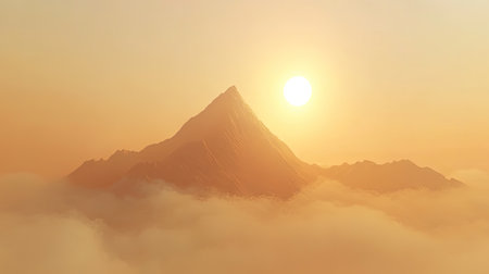 Experience the enchanting beauty of a sunrise over a mountain peak, enveloped in soft mist and clouds, illuminating the sky with golden hues.の素材