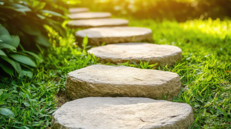 A tranquil garden pathway featuring smooth stone slabs resting on vibrant green grass, surrounded by lush plants and illuminated by soft morning light.の素材