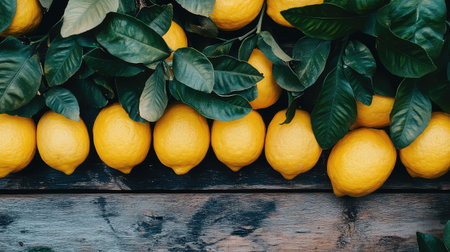 A vibrant display of fresh yellow lemons nestled among green leaves on a rustic wooden surface, perfect for culinary inspirations or healthy recipes.の素材