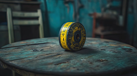 This image showcases a vintage revolving dial resting on a rustic wooden table, highlighting intricate numbers and textures in soft atmospheric lighting.の素材