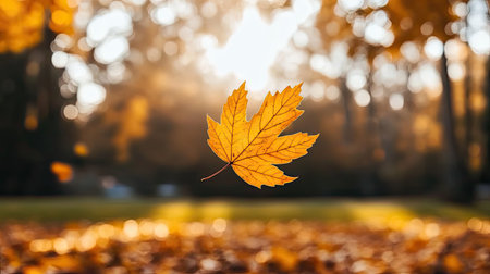 A stunning close-up of a vibrant autumn leaf suspended in mid-air against a softly blurred background captures the essence of fall's beauty and warmth.の素材