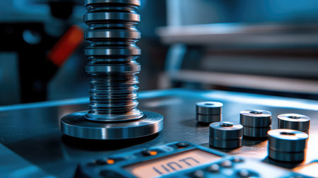 This image captures a close-up of intricate machining components alongside measurement tools, showcasing precision work in an industrial workshop.の素材