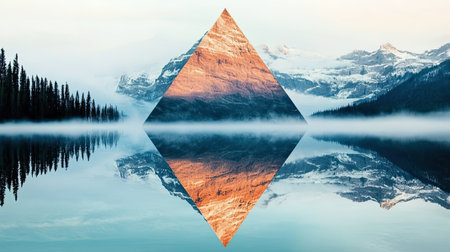 A stunning mountain landscape mirrored perfectly in a calm lake, enhanced by a creative geometric design, evoking serenity and natural beauty.の素材