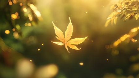 A beautiful golden leaf gently falls in a sunlit forest, surrounded by a soft bokeh effect, capturing the essence of nature's tranquility and beauty.の素材