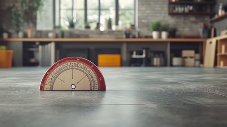 This image features a vintage protractor placed prominently in a modern workspace. Natural light flows through large windows, enhancing the minimalist aesthetic.の素材