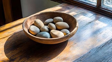 A rustic wooden bowl filled with smooth river stones rests on a natural wood table, illuminated by bright sunlight, creating an inviting and tranquil atmosphere.の素材