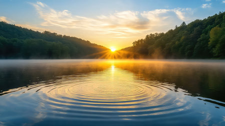 A breathtaking sunrise casts golden light over a serene lake, creating a tranquil scene with mist rising from the water and gentle ripples among the hills.の素材