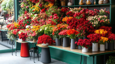 A stunning flower shop interior showcasing an abundance of colorful bouquets in vibrant hues. Fresh blooms create a warm and inviting atmosphere, perfect for flower lovers.の素材