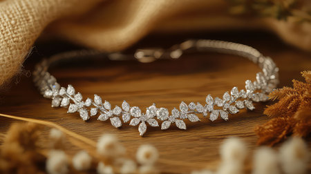 This captivating image features an elegant diamond necklace with a floral design, beautifully displayed on a rustic wooden surface. Natural elements enhance the charm.の素材