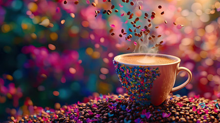 A captivating scene featuring a steaming cup of coffee surrounded by a treasure of colorful coffee beans and petals, evoking warmth and comfort.の素材