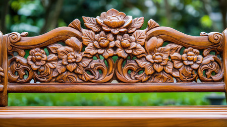 This image features a beautifully carved wooden bench backrest showcasing intricate floral patterns set against a vibrant garden backdrop.の素材