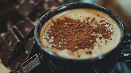 A beautiful cup of cappuccino topped with cocoa powder sits beside dark chocolate on a rustic wooden table, inviting moments of warmth and comfort.の素材