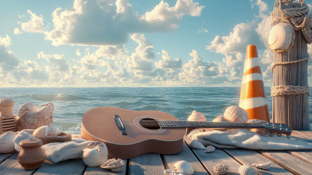 A beautifully arranged scene featuring an acoustic guitar resting on weathered wood, surrounded by seashells and ocean waves under fluffy clouds.の素材