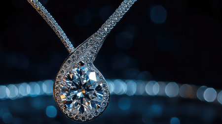 This captivating image features an elegant tear-shaped diamond necklace with a silver chain, set against a sparkling backdrop, highlighting luxury and sophistication.の素材