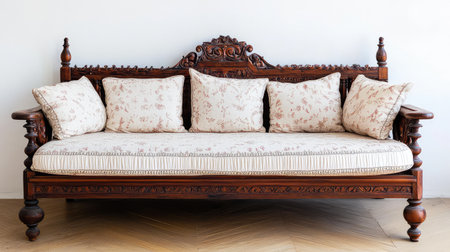 This vintage wooden sofa features intricate carvings and plush floral cushions, creating an inviting and elegant focal point for any indoor space.の素材