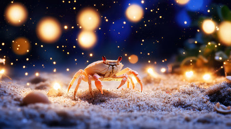 This stunning image features a close-up of a crab on a sandy beach, illuminated by glowing lights against a backdrop of a starry night sky, showcasing nature's beauty.の素材