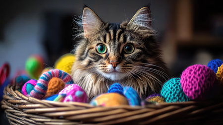 This captivating photograph features an adorable fluffy cat nestled among a variety of colorful yarn balls in a rustic woven basket. The soft background complements the vibrant hues, creating a cozy and playful atmosphere perfect for pet lovers.の素材