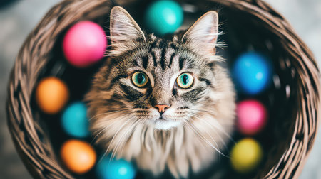 This captivating image features a charming cat surrounded by vibrant Easter eggs in a woven basket, ideal for spring or holiday-themed projects.の素材