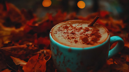 A warm cup of autumn beverage, adorned with a sprinkle of cinnamon, sits among colorful leaves, creating a cozy atmosphere perfect for chilly days.の素材