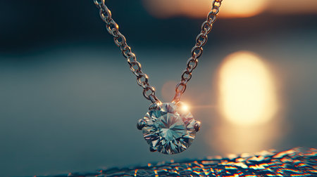 This stunning close-up of a diamond pendant showcases intricate details against a warm sunset backdrop, highlighting elegance and luxury in jewelry.の素材