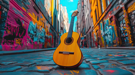 An acoustic guitar beautifully placed on cobblestones in a lively alley decorated with vibrant graffiti, showcasing an inspiring urban art scene.の素材