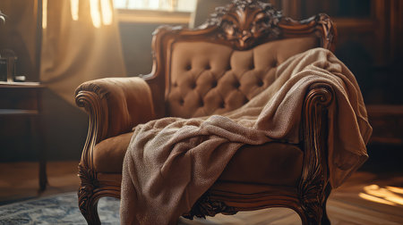 A beautifully detailed vintage armchair draped with a soft blanket, set in a warm and inviting rustic room filled with natural light.の素材