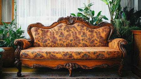 This vintage ornate sofa features intricate woodwork and rich floral upholstery, set against a backdrop of lush green plants, creating a warm and inviting atmosphere in a bright interior.の素材