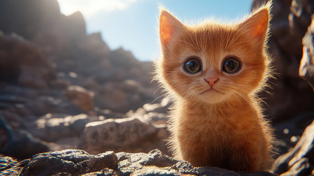 This charming image features a fluffy kitten with large, expressive eyes, exploring rocky terrain under bright sunlight, embodying innocence and curiosity.の素材