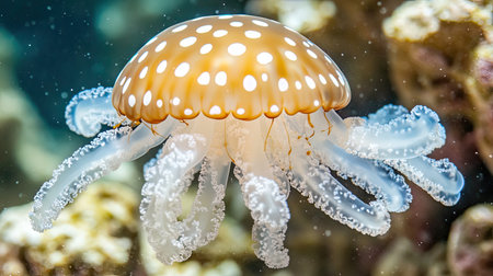 A captivating jellyfish glides effortlessly through the clear blue ocean, showcasing its delicate tentacles and vibrant colors against a stunning coral reef backdrop.の素材