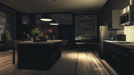 This image captures a modern kitchen interior featuring stylish lighting and elegant furnishings during nighttime, creating a warm and inviting atmosphere.の素材