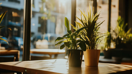 A serene indoor scene featuring elegant potted plants basking in sunlight, creating a peaceful atmosphere in a cozy cafの素材