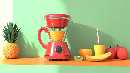 A colorful kitchen scene featuring a blender surrounded by fresh fruits including pineapple, banana, kiwi, and orange, ideal for refreshing juices and smoothies.の素材
