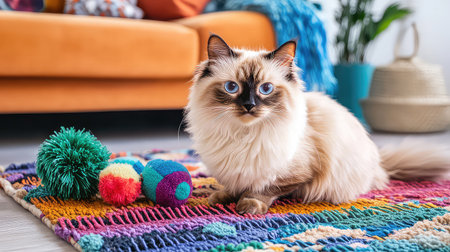 This charming image features a fluffy cat sitting on a vibrant rug surrounded by colorful toys in a bright and cozy home interior, showcasing playful comfort.の素材