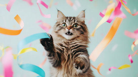 A cheerful cat surrounded by colorful confetti captures the essence of joy and playfulness, showcasing its lively spirit in a festive environment.の素材