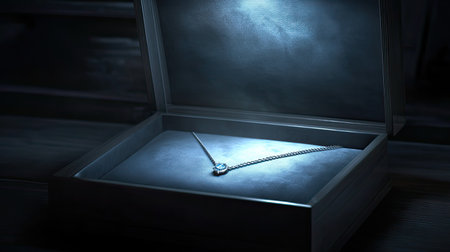 This image features a beautifully illuminated jewelry box showcasing an exquisite necklace. The soft glow highlights the elegance of the piece, creating an inviting and luxurious atmosphere perfect for special occasions.の素材