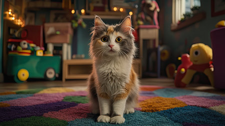 A charming fluffy cat sits on a vibrant, colorful rug in a cheerful indoor playroom filled with toys. The playful atmosphere invites warmth and joy.の素材