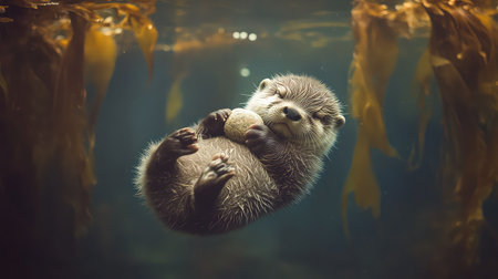 A delightful scene of a baby otter floating serenely in clear water, cradling a stone, surrounded by vibrant kelp, epitomizing aquatic beauty and charm.の素材