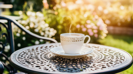 This peaceful scene captures a steaming cup of tea placed on a beautifully patterned table in a vibrant garden. The gentle sunlight enhances the serene ambiance, inviting moments of relaxation and enjoyment.の素材