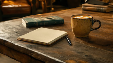A serene workspace scene featuring a coffee mug, a blank notebook, and a vintage book on a rustic wooden table. Ideal for creatives.の素材