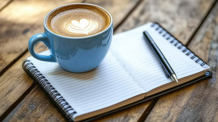 A warm cup of latte art sits on a rustic wooden table next to an open notebook and pen, creating an inviting atmosphere for writing and relaxation.の素材