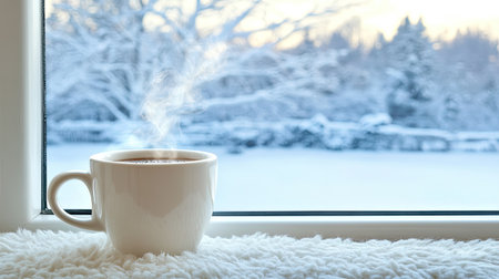 A warm cup of coffee sits by a window, releasing steam into the cool winter air. The snowy landscape outside creates a cozy and tranquil atmosphere.の素材
