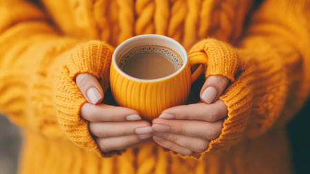 A close-up view of a person holding a warm yellow coffee cup, dressed in a cozy yellow sweater, evoking feelings of comfort and relaxation on a chilly day.の素材
