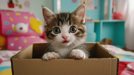 This delightful image captures a playful kitten peeking out of a cardboard box, set in a vibrant and colorful room. The scene evokes joy and curiosity, making it perfect for various themes like pets, home, and childhood.の素材